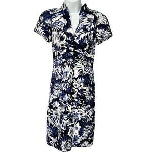 Theia Blue White Black Floral Faux Button Front Mandarin Collar Sheath Dress 2